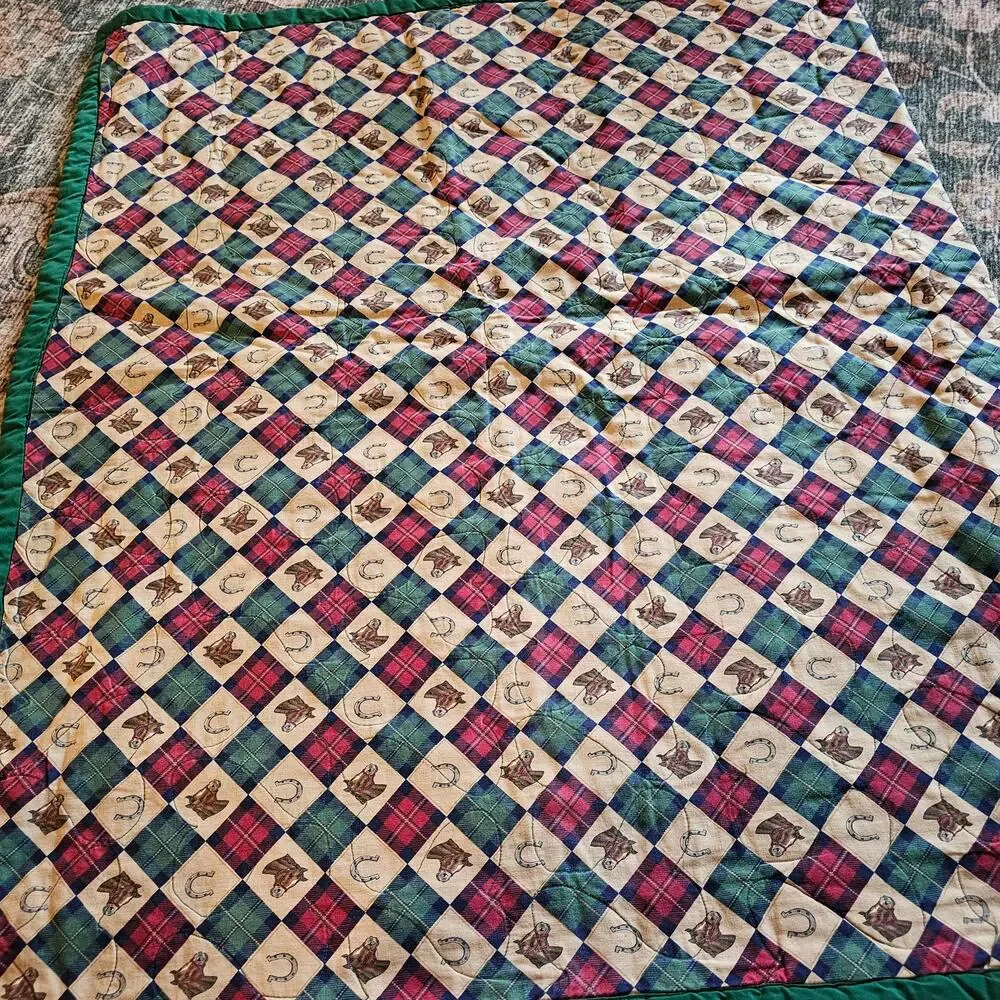 Vintage Equestrian Quilted Throw Horses Plaid Western Cabin Blanket